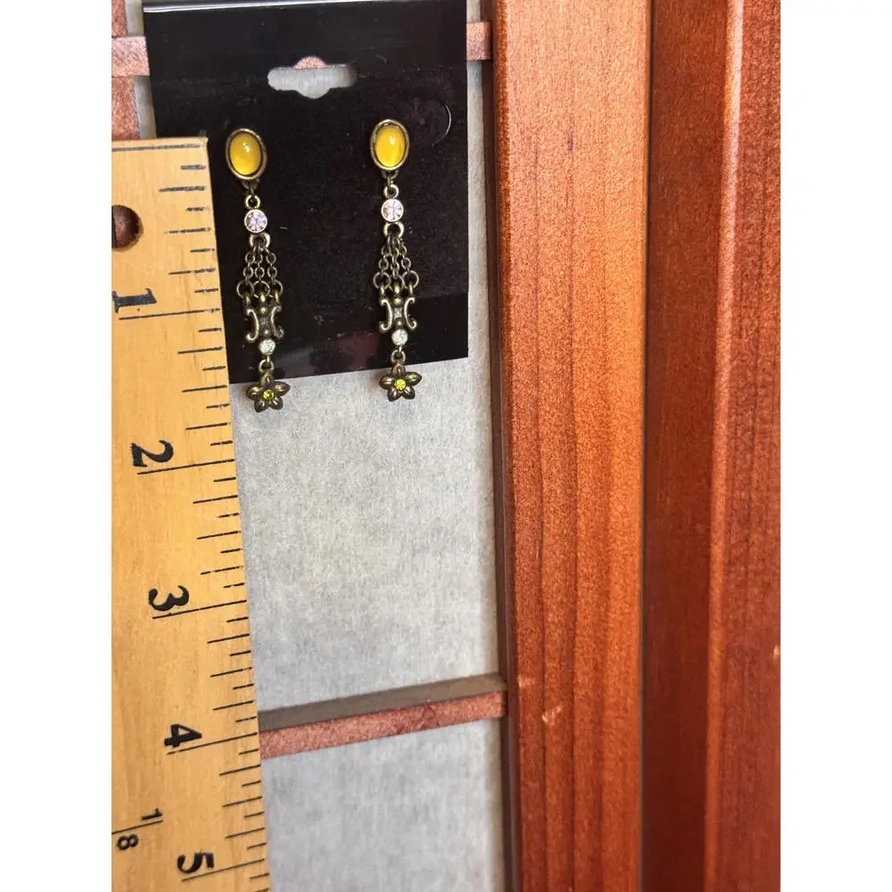 Vintage Yellow Dangle Earrings with Floral Detail‎ - Approx 2.5 Inches